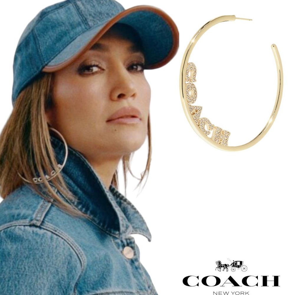 COACH Signature Logo Gold Crystal Large Hoop Earrings JLo Y2k